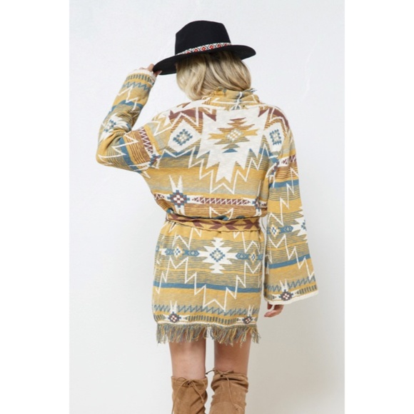 SOLD OUT Mustard Fringe Western Native Aztec Belted Tie Knit Cardigan Sweater - Picture 6 of 9
